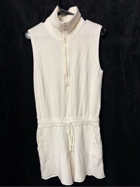 Sleeveless Cream Terry Romper with Zip Mock Neck